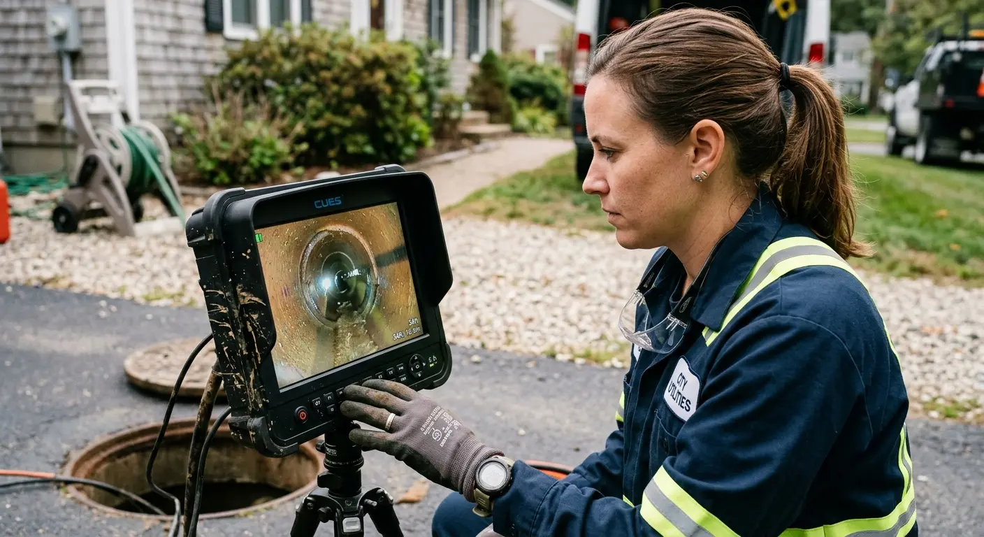 Technician reviewing sewer camera inspection footage in South Jordan