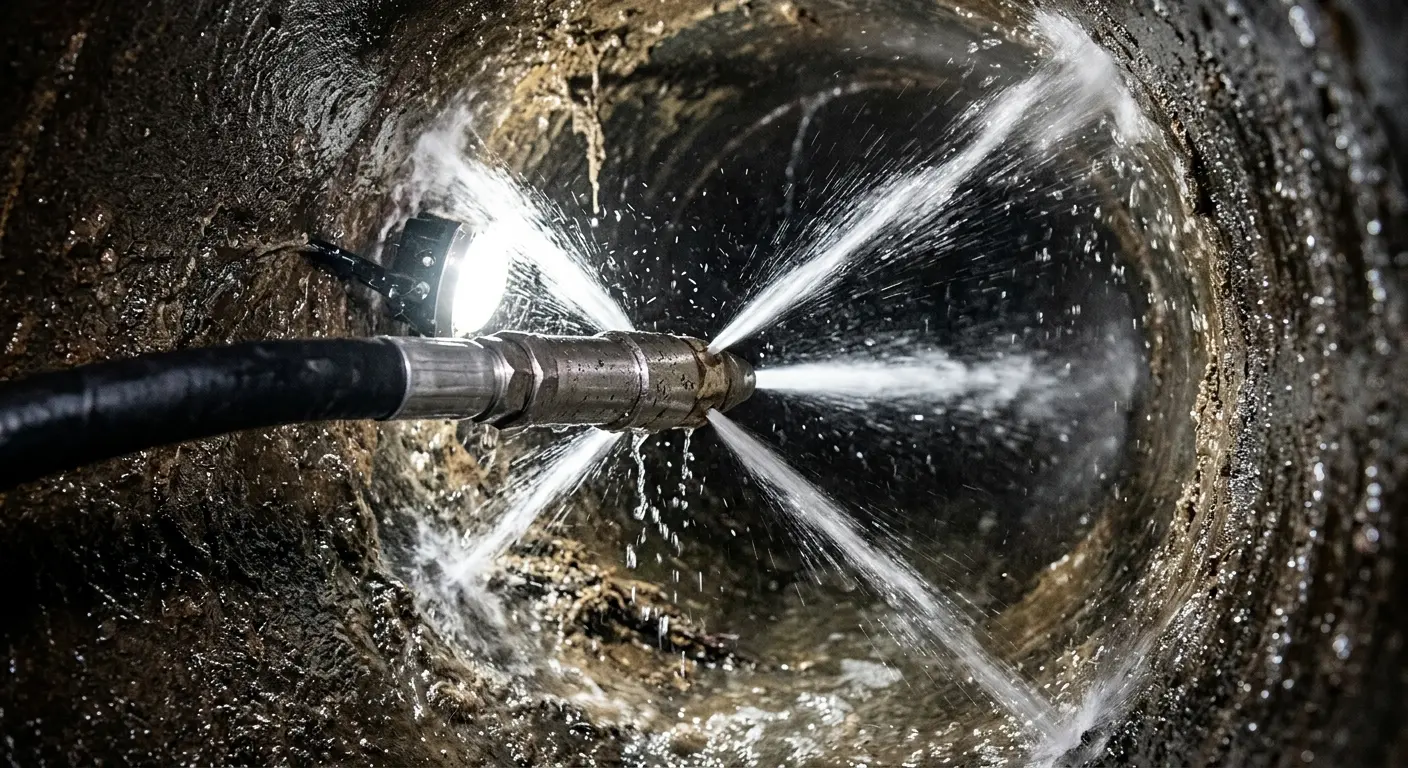 High-pressure hydro jetting nozzle cleaning sewer pipe for Emergency Drain Service in South Jordan