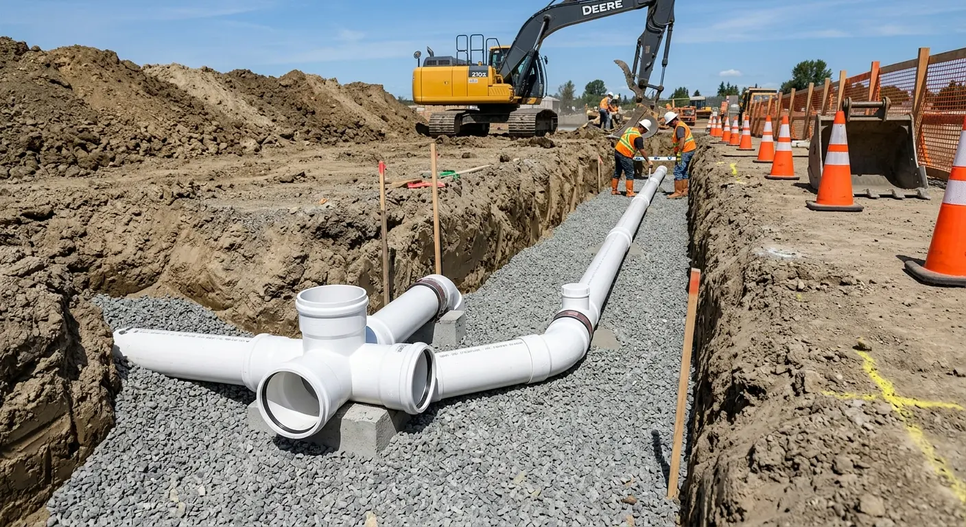 New PVC sewer pipe installation in open trench for Sewer Backup in South Jordan