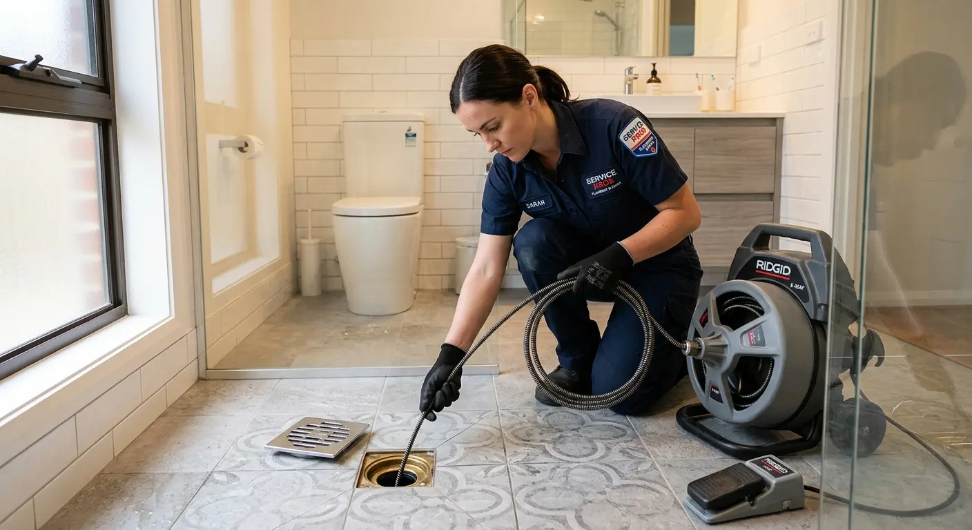 Technician clearing a bathroom floor drain for Drain Repair in South Jordan